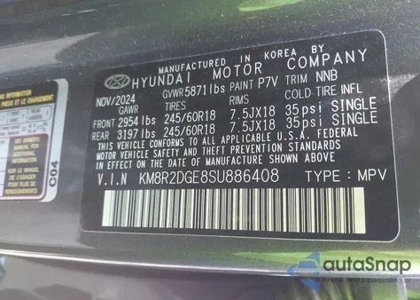 2025 Hyundai Palisade Sel from USA, damaged, VIN KM8R2DGE8SU886408